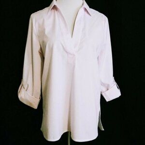 Jones NY Signature Pink Pinstripe Tunic Blouse Top M Roll Tab Slvs Cotton Nice
